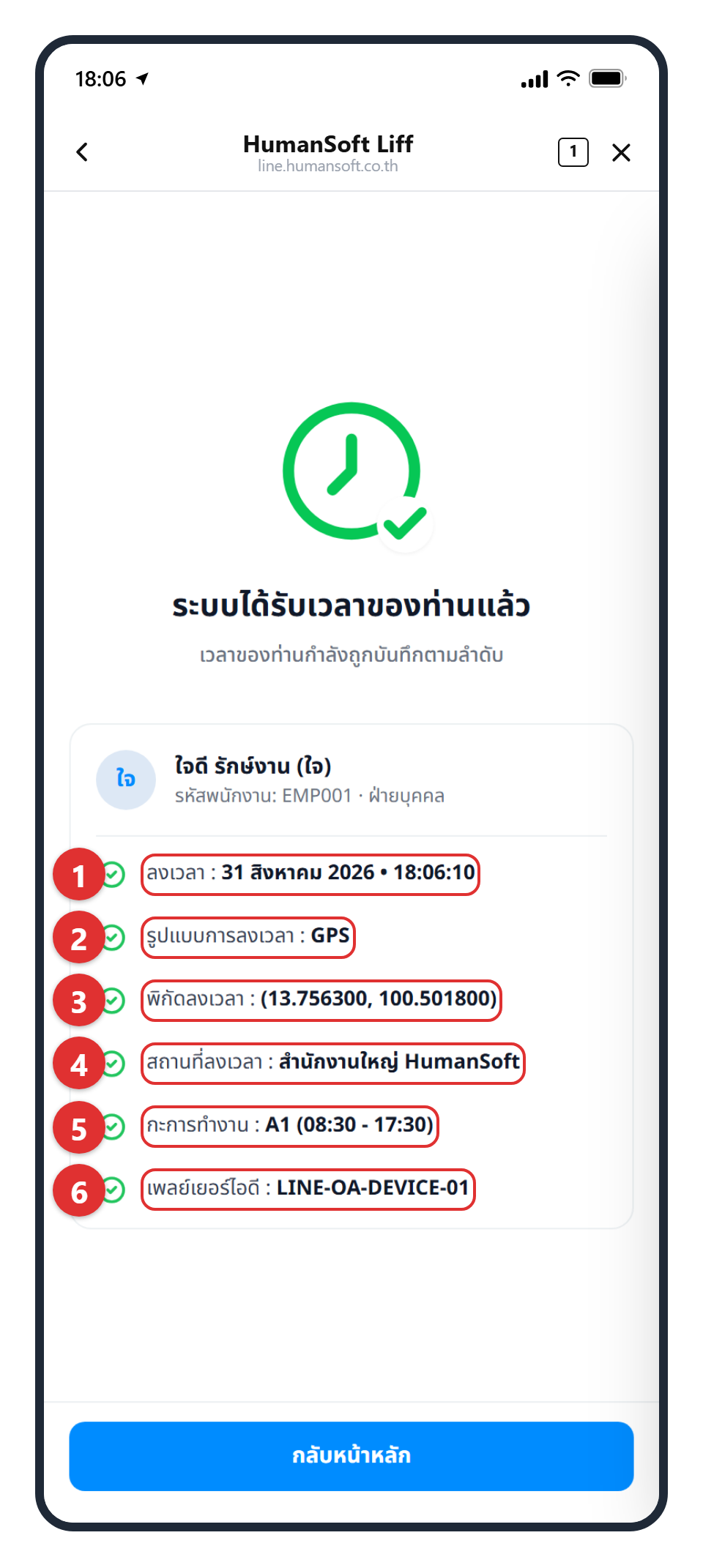 ผลลัพธ์เมื่อลงเวลาสำเร็จ หน้าสรุปผลเมื่อลงเวลาสำเร็จ แสดงรายละเอียดการลงเวลา 6 บรรทัด
